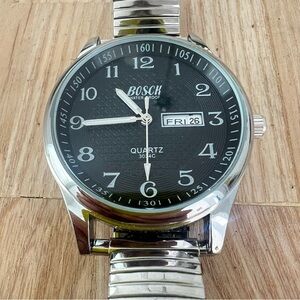 Bosck waterproof mens black dial stainless steel dress watch NEW BATTERY